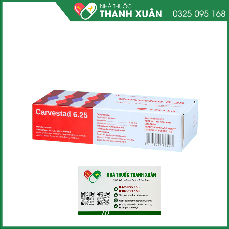 Carvestad 6.25  điều trị tăng huyết áp, đau thắt ngực